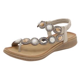 MaNMaNing Bohemian Rhinestones Gladyatör Açık Burun Düz Rahat Bej Kadın Sandalet