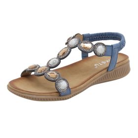 MaNMaNing Bohemian Rhinestones Gladyatör Yamaç Topuklu Açık Parmak Rahat Mavi Kadın Sandalet