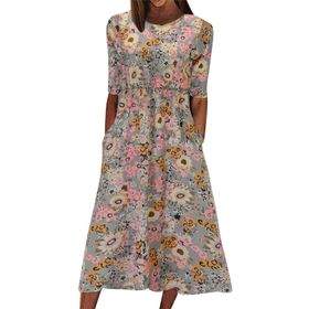 MaNMaNing Boho Swing Kahverengi Çiçek Kısa Kollu Uzun Kabarık Kadın Elbise