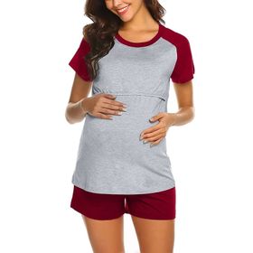 MaNMaNing Crewneck Patchwork Kırmızı Kısa Kollu Kadın Hamile Şort Pijama