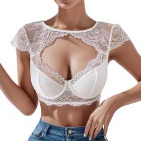 MaNMaNing Dirndl Oktoberfest MM9153 Beyaz Şık Şeffaf Dantel Kısa Kollu Kadın Bluz