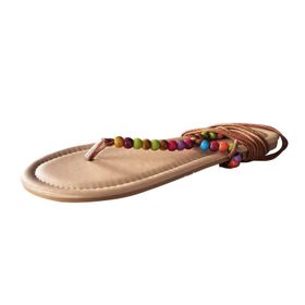 MaNMaNing Flip Flop Bej Ayak Bileği Kayış Bohem Boncuk Düz Kadın Terlik