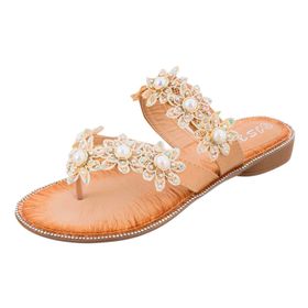 MaNMaNing Flip Flop Bej Çiçek Yuvarlak Kadın Terlik
