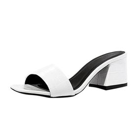 MaNMaNing Flip Flop Beyaz Basit Kare Kafa Düz Kalın Topuk Rahat Kadın Terlik