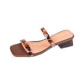 MaNMaNing Flip Flop Kare Kafa Dokuma Yüksek Topuk Rahat Kahverengi Kadın Terlik