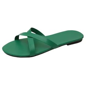 MaNMaNing Flip Flop Moda Açık Kare Geniş Fit Rahat Düşük Kama Yeşil Kadın Sandalet