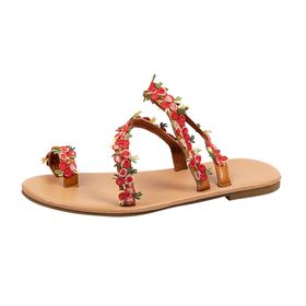 MaNMaNing Flip Flop Moda Deri Çiçek Düz Tabanlı Rahat Kırmızı Kadın Sandalet