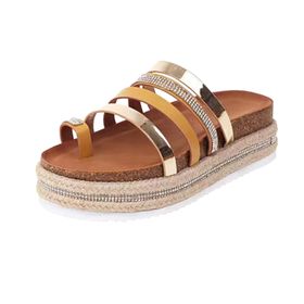 MaNMaNing Flip Flop Moda Deri Dantel Kalın Taban Altın Kadın Sandalet