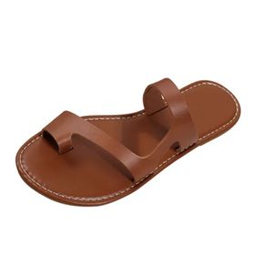 MaNMaNing Flip Flop Moda Deri Düz Hafif Blok Topuk Kahverengi Kadın Terlik