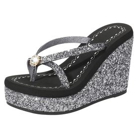 MaNMaNing Flip Flop Rhinestones Siyah Payetli Ultra Yüksek Topuk Kadın Terlik