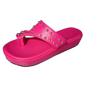 MaNMaNing Flip Flop Sıcak Pembe Katı Deri Metal Tırnak Açık Parmak Kalın Taban Kadın Terlik