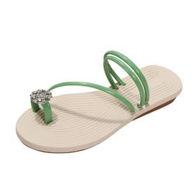 MaNMaNing Gladyatör Flip Flop Deri Düz Dokuma Yeşil Kadın Sandalet
