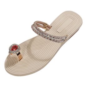 MaNMaNing Gladyatör Flip Flop Düz Yapay Elmas Rahat Yürüyüş Kırmızı Kadın Sandalet