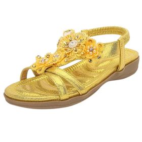 MaNMaNing Gladyatör Moda Boncuklu Açık Burun Rahat Geniş Fit Elastik Yellow Kadın Sandalet