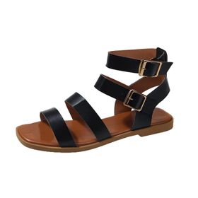 MaNMaNing Gladyatör Retro Açık Burun Toka Rahat Siyah Kadın Sandalet