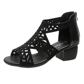 MaNMaNing Hollow Out Boho Platform Siyah Açık Burun Düşük Blok Topuk Ayak Bileği Kayış Kadın Sandalet