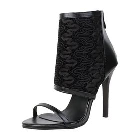 MaNMaNing Lace Siyah Deri Üst Açık Burun Yüksek Topuk Rahat Kadın Sandalet