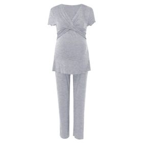 MaNMaNing Loungewear Gri Kısa Kollu Dantelli V Boyun Kadın Hamile Pijama Takımı