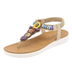 MaNMaNing Retro Bohem Bej Rahat Geniş Düz Kadın Sandalet