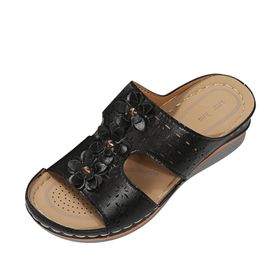 MaNMaNing Retro Flip Flop Siyah Açık Parmak Kalın Taban Deri Çiçek Kadın Sandalet