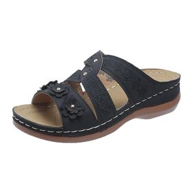 MaNMaNing Retro Siyah Kalın Tabanlı Düşük Topuklu Kadın Sandalet