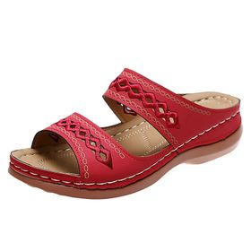 MaNMaNing Slip On Casual Open Toe Wedges Kırmızı Yumuşak Zemin Nefes Alabilir Kadın Terlik