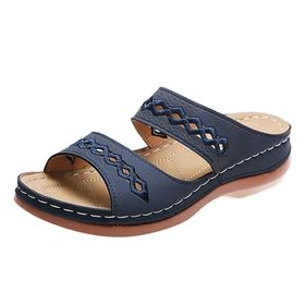 MaNMaNing Slip-On Casual Open Toe Wedges Koyu Mavi Yumuşak Zemin Düz Kadın Sandalet