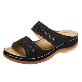 MaNMaNing Slip On Casual Open Toe Wedges Siyah Yumuşak Zemin Nefes Alabilir Kadın Terlik