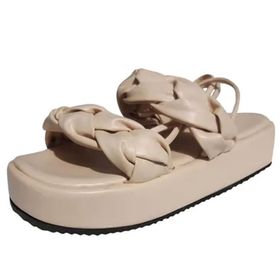 MaNMaNing Strappy Düz Kalın Taban Hafif Rahat Geniş Fit Bej Kadın Sandalet