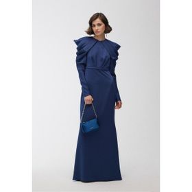 Manuka M-3095-71 Omuz Drape Detaylı Gece Mavisi Kadın Abiye Elbise