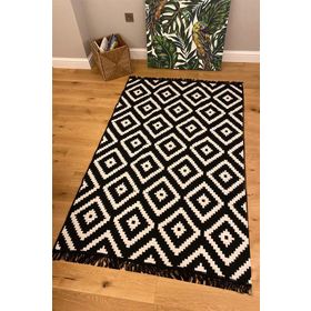 MarkaEv 02 Cotton Siyah-Beyaz Çift Taraflı Yıkanabilir Naturel Pamuk Kilim