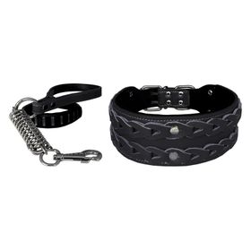 Markapet XL 7 cm*60-68 cm Siyah Elegance Deri İşlemeli Lüks Köpek Tasma Seti