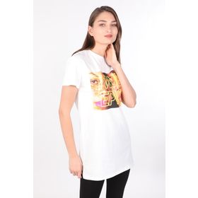 Markapia Beyaz Kadın Bisiklet Yaka Baskılı T-Shirt