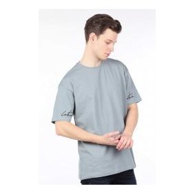 Markapia Erkek Gri Düz Bisiklet Yaka Oversize T-shirt