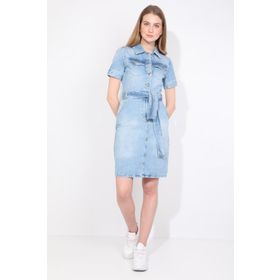 Markapia İki Cepli Açık Mavi Jean Kemerli Regular Fit Kadın Elbise