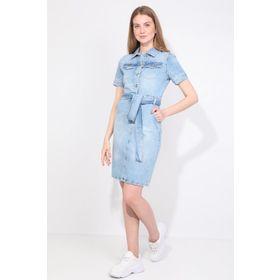 Markapia İki Cepli Açık Mavi Jean Kemerli Regular Fit Kadın Elbise