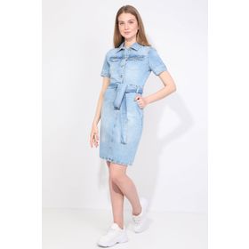 Markapia İki Cepli Açık Mavi Jean Kemerli Regular Fit Kadın Elbise