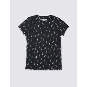 Marks & Spencer Mavi Çiçek Desenli Bayan T- Shirt