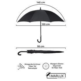 Marlux M21MAR10139R001 Siyah Fiber 10 Tel Erkek Baston Şemsiye