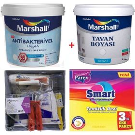 Marshall Ekru 2.5 lt Antibakteriyel Hijyen Silinebilir Duvar Boyası Marshall 3.5 kg Tavan Boyası ve İzmir Fırça Duvar Boyama Seti