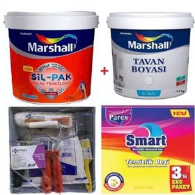 Marshall Salep 2.5 lt Silikonlu SilPak Leke Tutmaz Duvar Boyası Marshall 3.5 kg Tavan Boyası ve İzmir Fırça Duvar Boyama Seti