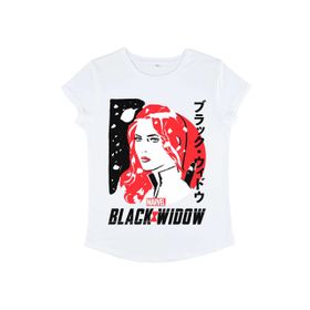 Marvel Black Drawn Widow Rolled Sleeve Beyaz Kadın T-shirt