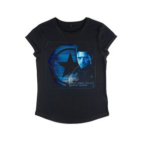 Marvel Falcon and the Winter Soldier Barnes Shield Rolled Sleeve Siyah Kadın T-shirt