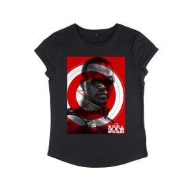 Marvel Kış Asker Falcon Shield Rolled Sleeve Siyah Kadın T-shirt