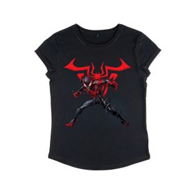 Marvel Örümcek Adam Miles W Symbol Rolled Sleeve Siyah Kadın T-shirt