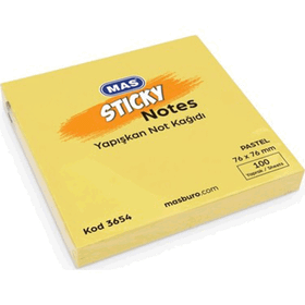 Mas 3654 76 x 76 Pastel Sarı 100 Yaprak Yapışkanlı Not Kağıdı