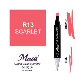 Masis 13 Scarlet Kırmızı Çift Uçlu Marker Grafik Çizim Kalemi