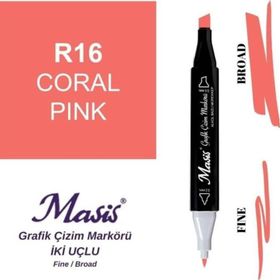 Masis 16 Mercan Pembe Çift Uçlu Marker Grafik Çizim Kalemi