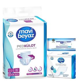 Mavi Beyaz 30 Adet L Ped Emici Külot Hasta Bezi+30 Adet Yatak Koruyucu+1 Paket Temizleme Havlusu