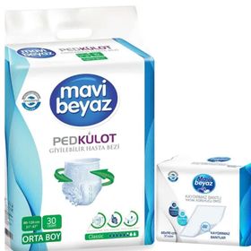 Mavi Beyaz 30 Adet M Orta Ped Emici Külot Hasta Bezi+60x90 cm 30 Adet Yatak Koruyucu Örtü